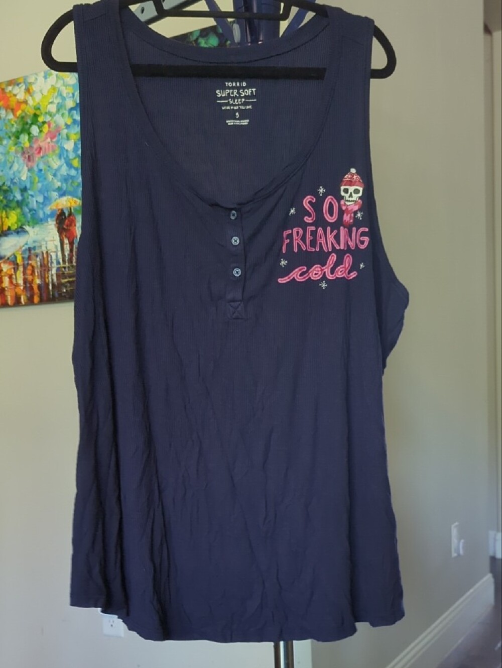 torrid Navy Ribbed Henley Tank with Pink Graphic #1